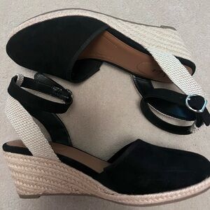 Black ankle tie espadrille wedge